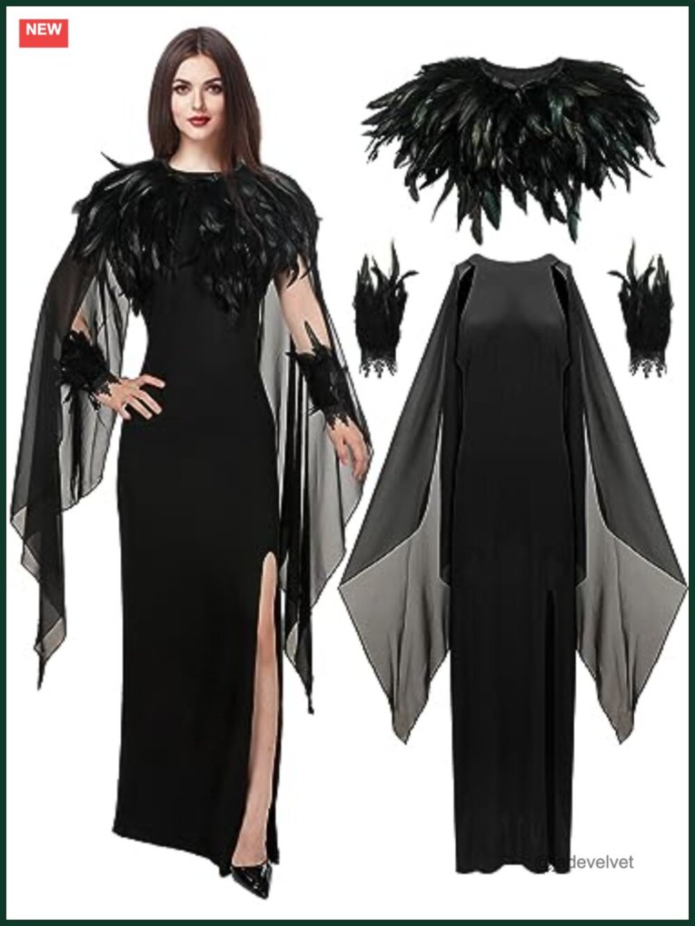 Evil Witch Queen Women's Maxi Dress Halloween Costume with Feather Shawl & Cuffs